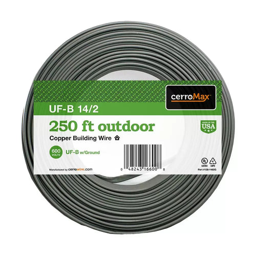 Marmon Home Improvement 250 ft. 14/2 Gray Solid CerroMax Copper UF-B Cable with Ground Wire 138-1462-G (250', Gray)