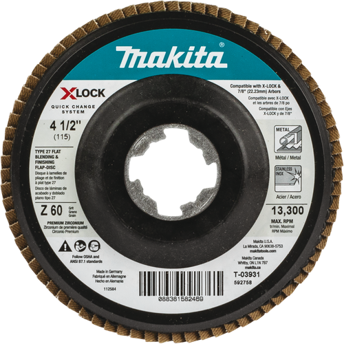 Makita X‑LOCK 4‑1/2 60 Grit Type 27 Flat Blending and Finishing Flap Disc for X‑LOCK and All 7/8 Arbor Grinders