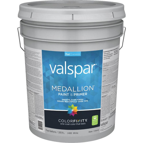 Valspar Medallion 100% Acrylic Paint & Primer Flat Interior Wall Paint, White, 5 Gal.