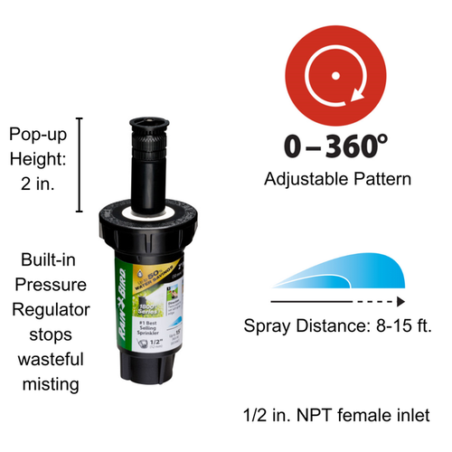 Rain Bird 1802HV15PR 2 Pop-up Spray Head - High-Efficiency Variable Arc (0-360°) 15 ft. Range with Pressure Regulator