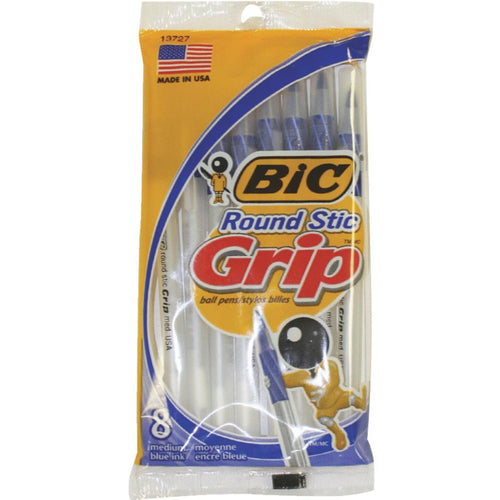 Bic Round Stic Grip Medium Point Blue Pen (8-Pack)