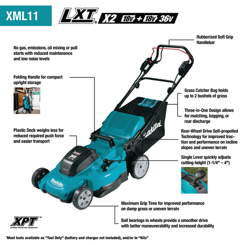 Makita 36V (18V X2) LXT® 21 Self‑Propelled Lawn Mower Kit with 4 Batteries (5.0Ah)